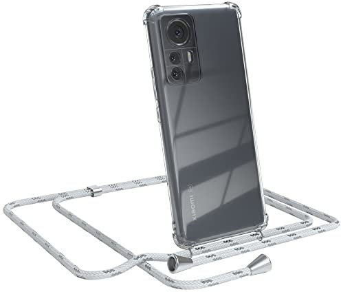 EAZY CASE Handykette kompatibel mit Xiaomi 12 Pro Handyhülle mit Umhängeband, Handykordel mit Schutzhülle, Silikonhülle, Hülle mit Band, Stylische Kette mit Hülle für Smartphone, Weiß/Silber