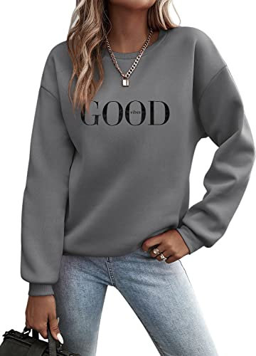 Minetom Pullover Damen Sweatshirt Briefe Drucken Langarm Rundhals Pulli Herbst Winter Frauen Buchstaben Druck Locker Casual Oberteil Sport Streetwear Sweatshirts ohne Kapuze Bluse Tops A Dunkelgrau M