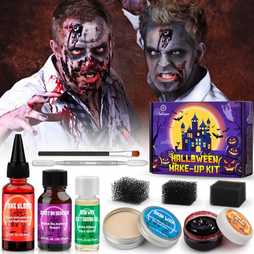 Halloween SFX Schminke Kit, Halloween Kunstblut Set mit Narbenwachs, Dichtungsöl, Verlängerungsöl, Schwämme -Realistisch Wunden Narben Make Up für Vampir Monster Zombie zum Kostümfeste Halloween Party