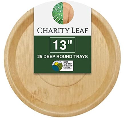 Charity Leaf Lot de 25 plateaux ronds jetables en forme de feuille de palmier de 33 cm de profondeur - En bambou - Respectueux de l'environnement - Pour mariages, traiteurs, événements