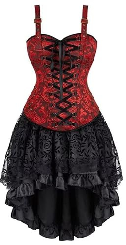 Korsett Kleid Damen Rock Set Steampunk Corsage mit Strapsen Spitze Corset Dress Bustier Korsagenkleid Kostüm Piraten Halloween Rot 6XL
