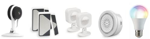 DOMOS Kit Alarma y Seguridad. Cámara, 2 sensores de Apertura, 2 sensores de movimento, Sirena y Bombilla Color Inteligentes. 100% WiFi sin Base Adicional. Control Desde el móvil.