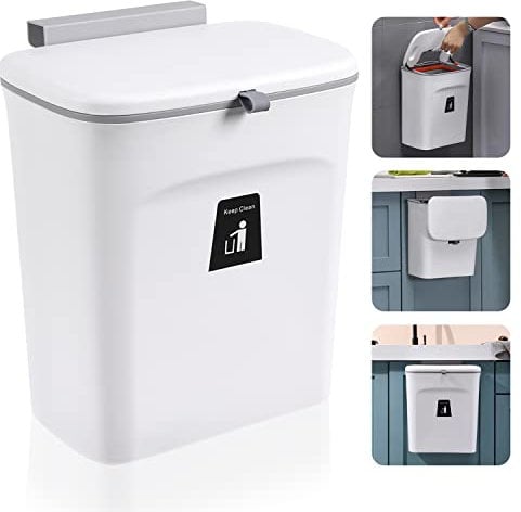 Hanging Trash Can with Lid,9L Kitchen Bin with Sliding Lid,Plastic Cupboard Bins for Kitchen,Applicable to Cabinets,Kitchen,Motorhome,Bathroom,Bedroom,Living Room,Office