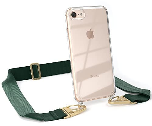 EAZY CASE - custodia con cinturino compatibile con il iPhone SE 2022, custodia per cellulare con cordino, catenella per cellulare da appendere al collo in Verde Pino - Clips Oro