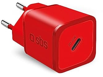 SBS Tragbares Ladegerät für Samsung, iPhone, Xiaomi, Oppo, 20W schnelles Gan Ladegerät für Smartphones und Tablets, schnelles und sicheres Power Delivery Ladegerät mit USB-C, rot