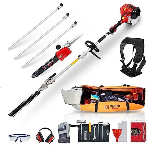 BU-KO 52cc Benzin-Heckenschere und Gartensäge mit Langer Reichweite, mit 3 x 75 mm Verlängerungsstange und Werkzeugtasche für Bequeme Lagerung, Ultimatives Gartenwerkzeug für präzises Schneiden