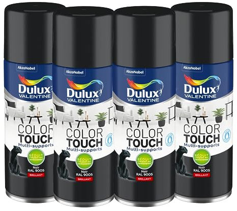 Dulux Valentine Peinture Intérieure et Extérieure Aérosol Color Touch - Brillant Noir 400 ml - Lot de 4