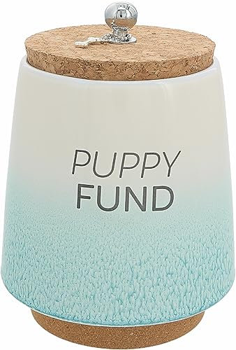 Pavilion Gift Company Puppy Fund Einzigartige Keramik-Sparschwein, 16,5 cm, mit Korkboden und Korkdeckel mit hängendem Hundeknochen-Anhänger, Ombré-Blaugrün
