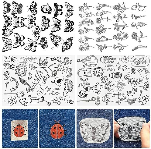 4 Fogli di Pellicola di Trasferimento per Ricamo Idrosolubile, Stabilizzatore per Ricamo Idrosolubile, 100 Disegni da Ricamo, Lavabile e Autoadesivo, per Progetti Fai Da Te di Ricamo a Mano (A+e)