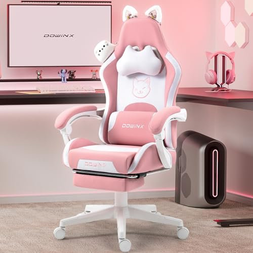 Dowinx Gaming Chair Cute with Cat Ears and Massage Lumbar Support, Ergonomic Computer Chair for Girl with Footrest and Headrest, Comfortable Reclining Game Chair 290lbs for Adult, Teen, Pink