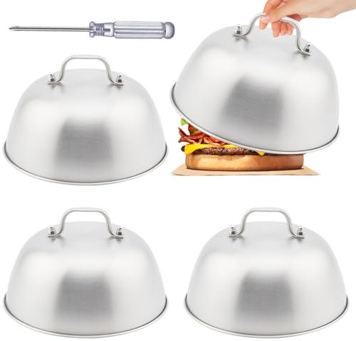 Nizirioo Edelstahl Burgerhauben,4 Stück Burgerglocken Mit Verbrühungsschutzgriff,16 cm Burgercover Mit Schraubendreher,Edelstahl Burgerglocken,Edelstahl Burgerdeckel Für Barbecue,Cheeseburger,Steak