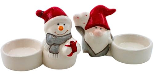 Dekohelden24 Keramik Teelichthalter - Schneemann & Weihnachtsmann - als 2er Set, Maße je Teelichthalter L/B/H: 9,8 x 5,5 x 7 cm.