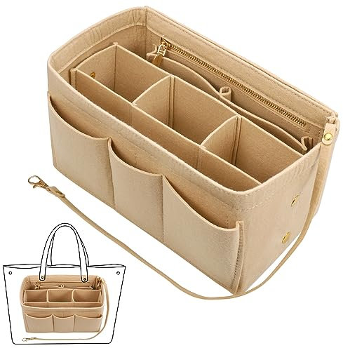 Fentar Handtaschen Organizer, Filz Taschenorganizer mit Mehrere Fächer, Organizer Tasche, Langlebig Taschenorganizer Shopper mit Reißverschluss, Innentaschen für Handtaschen (30x17x16cm, Beige)