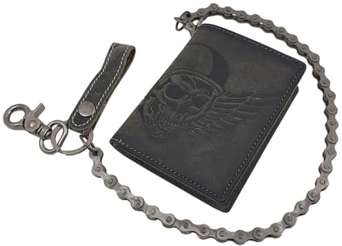 Echt Büffel-Vollleder Geldbörse / Geldbeutel / Portemonnaie in Hoch- oder Querformat mit Metallkette und Totenkopf-Motiv mit RFID & NFC Schutz in Vintage-Grau (Modell 1 / Hochformat / Vintage-Grau)