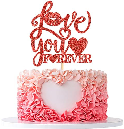 Blumomon 1Pcs Glitter Red Happy Valentine's Day Cake Topper ‘Love You Forever’ Cake Topper Valentine's Day Cake Decoration Picks for Wedding Love Valentine Party Cake Decoration Party Supplies