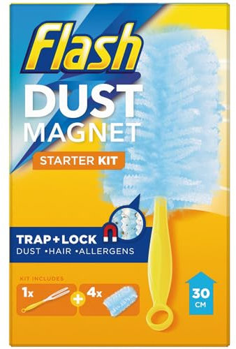 Dust Magnet Starter Kit 5pc - Dust Magnet For Dirt & Hair Cleaner - Duster Starter Kit - Use the Dust Magnet Refills With Dust Magnet Handle - Includes - 4 x Duster Pads - 1 x Handle - Dry Refill Pad