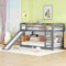 Zravenna Hochbett 90x200, Etagenbett mit Rutsche, Stockbett für Kinder, Kinderbett mit Stauraumtreppe und Rutsche, Kinderbett mit Geländer, Grau (Grau-2)