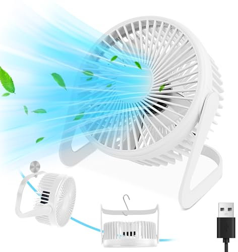 RISVOWO Ventilatore USB, Mini Ventilatore da Tavolo Rotazione di 360° con 2 Velocità, Ventilatore da Tavolo Silenzioso per Letto, Scrivania, Ufficio Casa, Campeggio (Bianco)