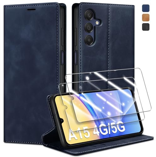 Guisessy Handyhülle für Samsung Galaxy A15 5G /4G Hülle Leder und 2 Schutzfolie, Premium Klappbar Flip Wallet mit Magnet Kartenfach Standfunktion Schutzhülle für Samsung A15 4G/5G, Blau