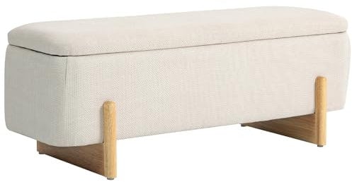 HOMCOM Sitzbank mit Stauraum, Polsterbank mit Leinenoptik, Sitztruhe mit Sicherheitsscharniere, Holzbeine Bettbank Truhenbank für Wohnzimmer, Schlafzimmer, Flur, 111 x 44 x 44,5 cm, Cremeweiß