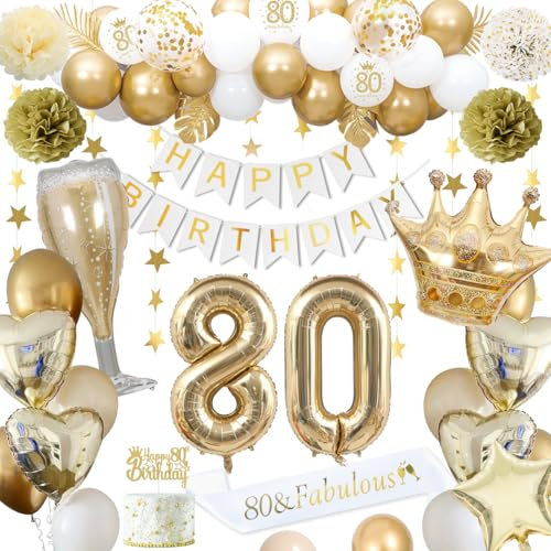 80 Geburtstagsdeko, gold 80 Geburtstag deko für Männer Frauen gold weiße Luftballons HAPPY BIRTHDAY Banner Nummer 80 Luftballons Krone Stern Herz Luftballon HAPPY 80th BIRTHDAY Kuchenaufsatz