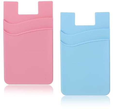 AHQiZFX Phone Card Holder, 2Pack Silicone Sticky Credit Card Holder for Back of Phone, Double Pocket Sticker Compatible With Most Cell Phones (Pink, Blue)