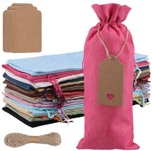 MUKSEUT 32 bolsas de vino de arpillera, bolsa de regalo de vino reutilizable con etiquetas de cordones, bolsas de champán para almacenamiento en el hogar, negocios, fiestas, bodas, cumpleaños, regalo