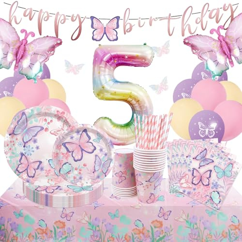 Komicea Décoration Anniversaire Papillon 5 ans, Vaisselle Jetable Anniversaire, Papillon Fête avec Ballons, pour 5 ans Decoration Fille Baby Shower (16 Invités)