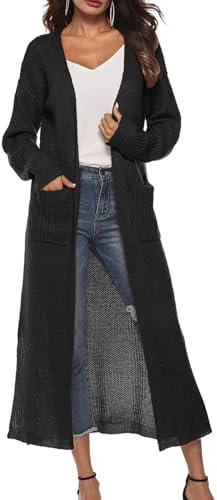 Maglione da donna tinta unita spolverino lungo maxi cardigan lavorato a maglia oversize aperto davanti maglioni top manica lunga spolverino cappotto solido copertura plus size top UK con tasca, Nero ,