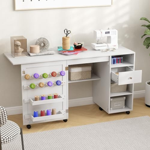 GIANTEX Nähtisch klappbar, Nähschrank auf Rollen, Nähmaschinentisch Nähtisch für Nähmaschine, Nähmaschinenschrank mit Ablageflächen & Schubladen & Garnrollenhaltern, Mehrzwecktisch Holz 146x50x78 cm