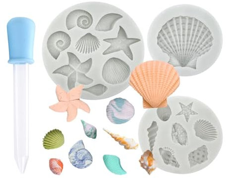 GWAWG Set di 3 stampi in silicone a tema oceano, conchiglie, stelle marine, corallo, per decorazioni fai da te torte creative e caramelle al cioccolato