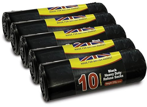 G4GOODS® 5 Rolls of 50 Super Strong Heavy Duty 50L Bin Bags 10 Bags Per Roll 30 Micron/120 Gauge Black Bin Bags for Garden Waste Kitchen Bin Liners Office Use (15x29x33)