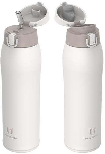 Super Sparrow Insulated Water Bottle - Travel Mug - 950ml - Stainless Steel Water Bottles - BPA Free - Leakproof Metal Bottles - Includes 2 Lids, Straw Lid & Spout Lid