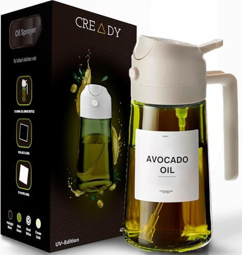 CREADY | Ölsprüher Für Speiseöl -470ml Olivenöl Flasche | 2-in-1 Ölspender und Ölsprüher | Öl Sprühflasche, Ölspray Zum Kochen | Olivenölsprüher für Salat | Olivenöl Spray | Sprühflasche für Speiseöl