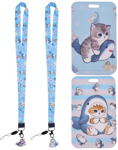 XNAUVOI 2Pcs Requin Chat Lanyard, Requin Chat Lanyard Couverture de Carte, Dessin Animé Lanière, pour Courroie de Cou de Lanière Avec pour l'école, le Bureau, Carte de Bus