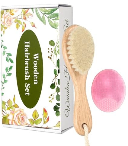 Baby Wooden Brush and Comb Set, Set of 2 Natural Goat Hair Brush with Cradle Cap Comb for Newborns Toddlers Newborn Boys Girls (Pink)