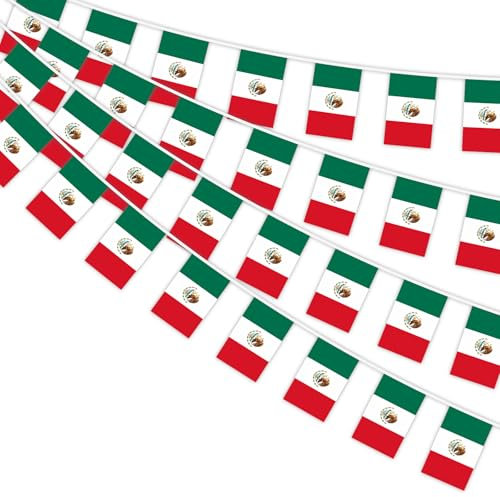 AhfuLife Mexico Wimpelkette mit Mexikanische Flaggen, 4 Stück Beidseitig Rechteck Stoff Mexiko Wimpel Fahne für 2025 Fußball Rugby WM Olympische Hausgarten Party Bar Deko