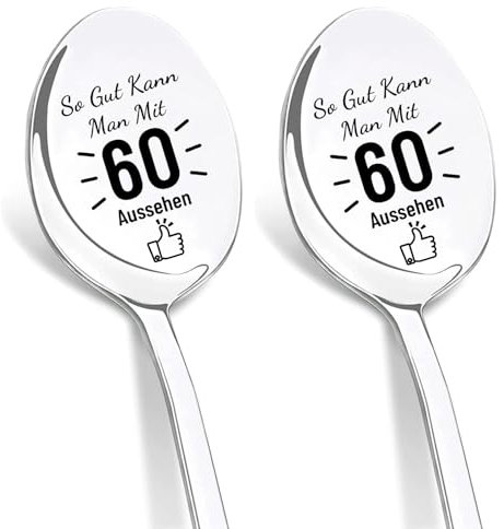 DIKARIYA Lot de 2 cuillères à café originales pour homme et femme - Avec gravure « So Gut Kann Man » - Avec 60 ans d'aspect - Cuillère cadeau d'anniversaire pour femme et homme