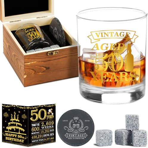 50th Birthday Gifts for Men - Vintage Whiskey Glass Set, 50th Birthday Decorations for Men Funny Gift Ideas for Him, Dad, 50 Year Old Man - Wood Box & Whiskey Stones & Coaster & Anniversary Card
