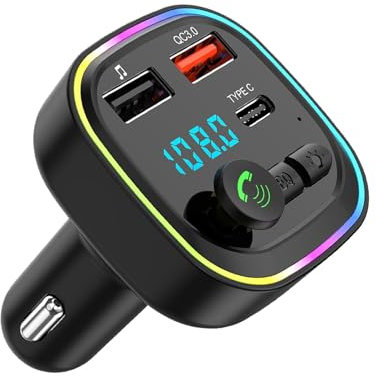 Transmetteur FM Bluetooth Voiture Émetteur FM Bluetooth 5.0 Allume-Cigare Kit MP3 sans Fil à Charge Rapide QC3.0 2 Ports USB 5V/3A et 1 Port Type-C, Connexion Stable Support USB/Carte TF