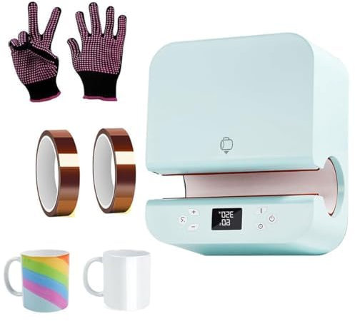 Auto Tumbler Heat Press Machine, 550W Heat Transfer Printing Machine with Auto Shut-Off, One-Touch Automatic Ironing, Professional Mug Heat Press Machine with Heat Tape & Gl, Heat Up Fast & Even blue