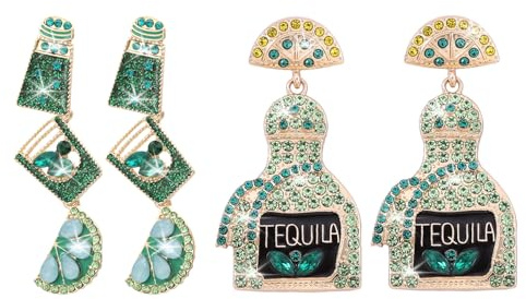2 Pairs Tequila Earrings for Women Trendy Tequila Wine Glass Earrings Rhinestone Lime Tequila Wine Bottle Ear-Rings Birthday Holiday Party Prom Celebration Jewelry Accessories