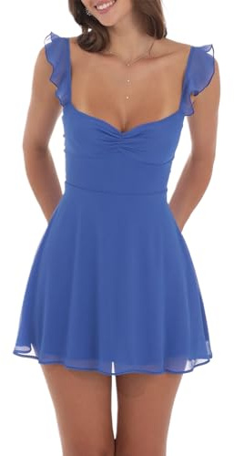 LYSINK Women Y2k Lace Mini Dress Ruffle Fly Sleeve Corset Mini Dress Short Formal Grad Backless A Line College Dresses (Ba Blue, S)
