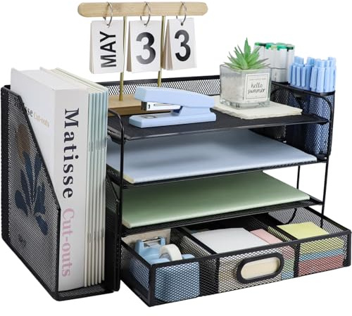 HIHOBDAY 4 Tier Desk File Organiser with Extra Vertical File Sorter, A4 Paper Letter Tray with Stationery Drawer, Magazine Document Holder for Home Office, Black