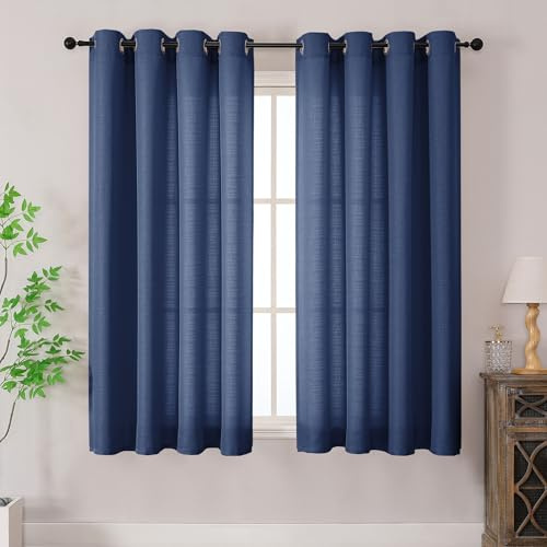 Simplebrand Wohnwagen Gardinen Vorhänge Blau mit ösen Vorhang Kurz Modern Leinenoptik Halbtransparent Ösenvorhang für Wohnzimmer Kinderzimmer Raumteiler 2er Set Blau H 163 x B 140 cm