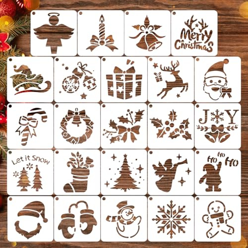 24 Stück Weihnachten Schablonen,Wiederverwendbar Schablonen für Zeichnen,Weihnachtsschablonen Mit Weihnachtsbaum-,Weihnachtsmann-,Schneeflocken-,Schneemann-,Handschuh- und Rentiermotiven