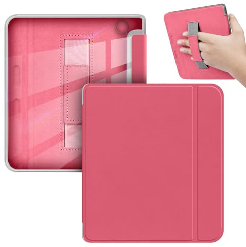 GIOPUEY Cover Compatibile con Kobo Libra Colour/Kobo Libra 2, Flip Pelle + PC TPU Trasparente Case con Cinturino Guscio Rigido Posteriore - Rose Red