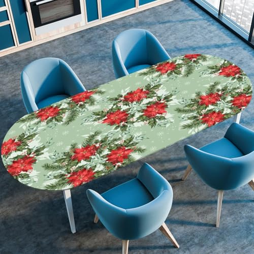 Highdi 3D Weihnachten Elastische Tischdecke Oval Abwaschbar, Spanntischdecke Oval Gartentischdecke Outdoor Tischdecke mit Gummizug für Esszimmer, Küche (Weihnachtsstil 4,122x173m)