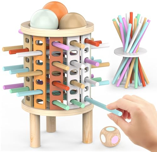 FUIOCOCP Montessori Spielzeug für Kinder, Familienspiel aus Holz mit bunten Stäbchen, Würfeln und Aufbewahrungstasche, Lernspielzeug Geschenk für Mädchen Jungen 3 4 5 6 7 8 9 Jahre