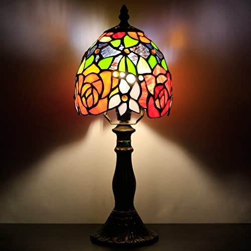 SYETL Small Tiffany Lamp Mini Accent Table Lamp Stained Glass Desk Memory Lamp Sympathy 6X14.6 Inch (Red Yellow Rose Style)